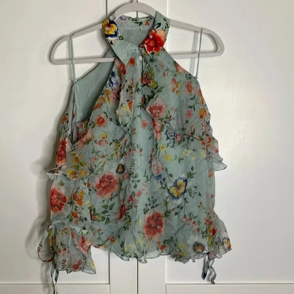 ALICE + OLIVIA  Light Blue Floral Silk Cold Shoulder Top - Picture 1 of 5